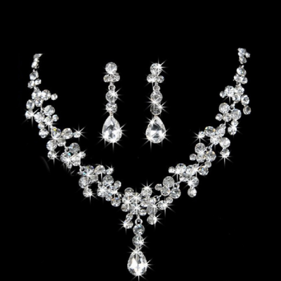 Silver Jewelry Sets Wedding Bridal Crystal Rhinestone Necklace Earrings