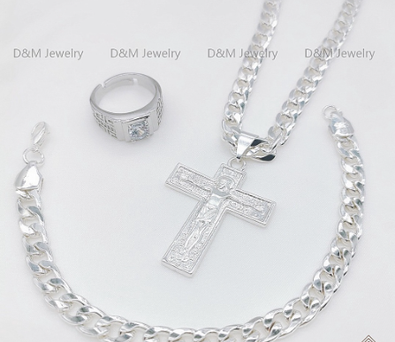 D&M Jewelry 925 Silver Necklace With Cross Pendant Bracelet Adjustable Ring With Free Box