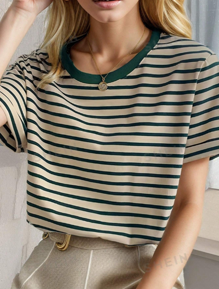 SHEIN Essnce Striped Women Round Neck Short Sleeve T-Shirt