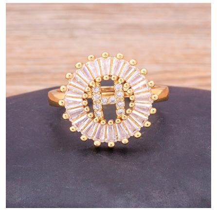 Initial 26 Alphabet Adjustable Size Gold Color Zircon A-Z Letter Ring Statement Name Jewelry H