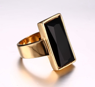 Big Rectangle Glass Stone Ring Gold Tone Stainless Steel