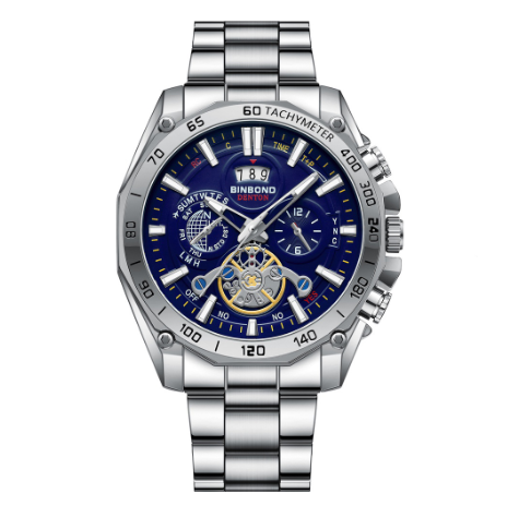 Binbond Fashion Luminous Calendar Luxury Waterproof Stainless Steel Student Watch Men's Tourbillon Gift Steel Band Three Eyes Six Hands Watch m4