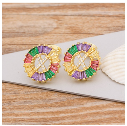 Colorful Choice 26 Initial Letters Earrings Cute Alphabet Copper CZ A-Z Rainbow Stud Earrings Name Jewelry X