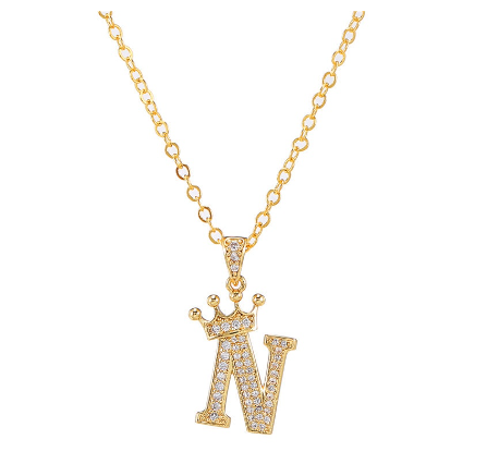 Luxury Crystal Zircon Alphabet Pendant Necklaces for Women Men Gold Crown Initial Letter Necklace N
