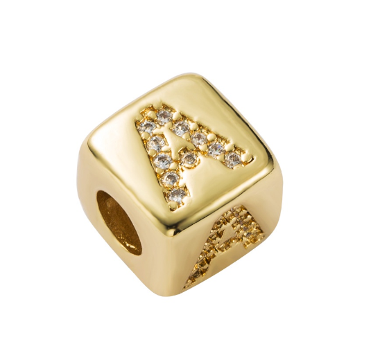 Gold Rhinestone Letters Cube Charm for Bracelet Necklace A-Z Alphabet Dice Beads A