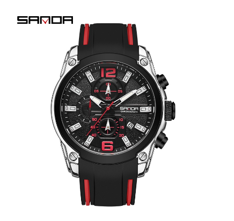 Sanda Business Trend Success Men's Watch Luxury Sports Watch Multifunctional Watch SILVER BLACK RUBBER STRAP