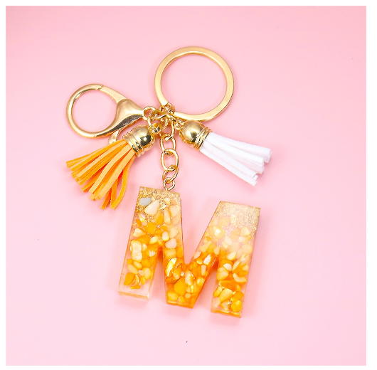 Tassel Gold Foil A-Z 26 Letter Pendent Keychain for Women Orange Resin Keyrings Girls Bag Ornamant Accessories Charms Gifts M