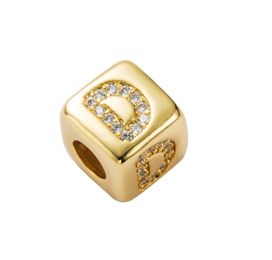 Gold Rhinestone Letters Cube Charm for Bracelet Necklace A-Z Alphabet Dice Beads D