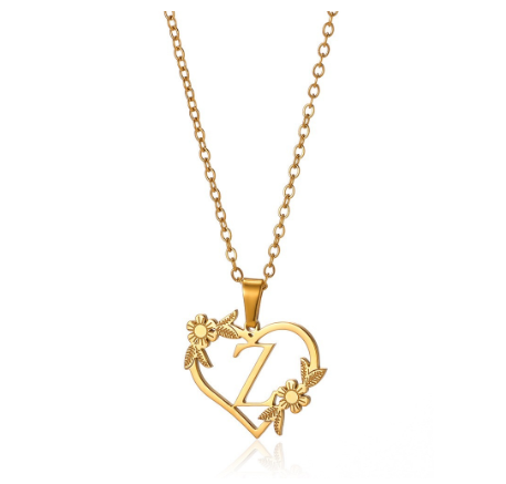 New Personalized Creative Gold Plated Stainless Steel Love Flower Hollow Heart A-Z Letter Necklace Initial Name Pendant Women's Z
