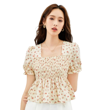 Lovito Casual Floral Lettuce Trim Smocked Plicated Women Blouse L39ED017 (Multi Color)