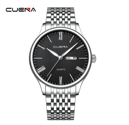Original CUENA Men's Watch Stainless Steel Vintage Dial Fashion Simple Casual Business Sports Quartz Waterproof Watch SILVER BLACK