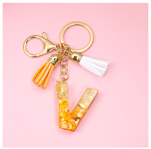 Tassel Gold Foil A-Z 26 Letter Pendent Keychain for Women Orange Resin Keyrings Girls Bag Ornamant Accessories Charms Gifts V
