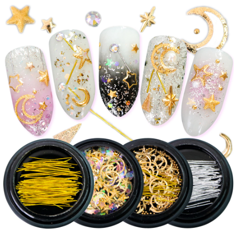 1Box Nail Art Gold Strass Star Moon Decor Mix 3D Rhinestones Shiny Glitter Charm Gem Manicure Accessories