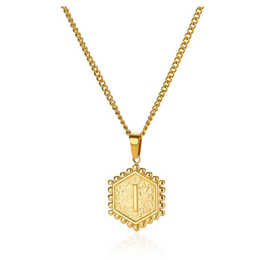 Fashion Hexagon A-Z Letter Necklaces For Women Stainless Steel Initial Hexagon Pendant Necklace I