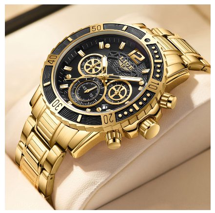 LIGE Watch Men Fashion Casual Sport Waterproof Luminous Full calendar Chronograph Watches for Men Stainless Steel Business Watch GOLD BLACK