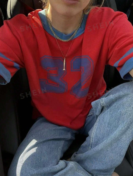 SHEIN Clasi Women's Summer Digital Printed Round Neck Short Sleeve Casual T-Shirt