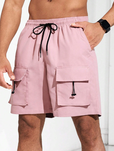 Men Flap Pocket Drawstring Waist Cargo Sports Shorts