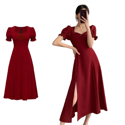 Lovito Women Casual Plain Split Smocked Ruched Puff Sleeve Ball Gown Dress L77ED136