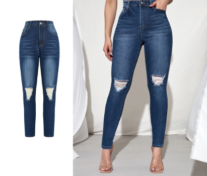 Lovito Women Casual Plain Ripped Pocket Button Jeans LBA05093 Blue