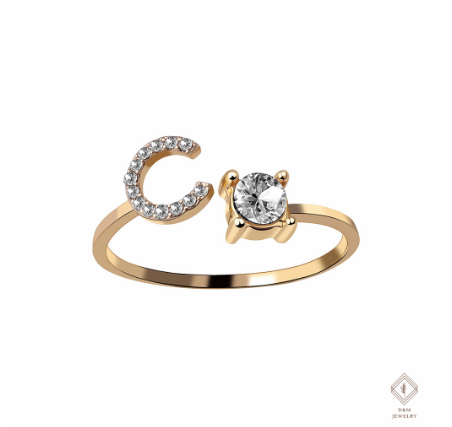 26 Letter Rings Cubic 14K Gold Promise Ring Diamond Ring Wedding 925 Silver Ring Adjustable Size C