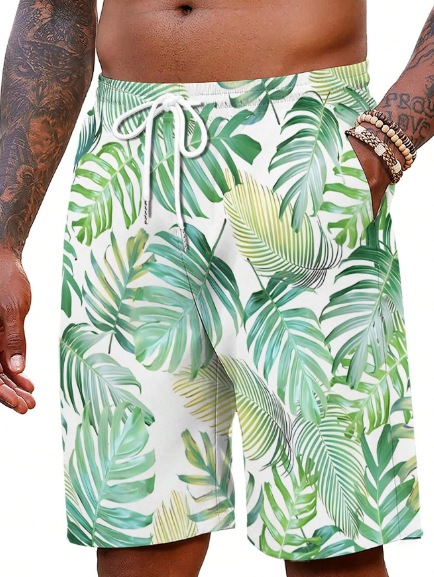 Men's Loose Fit Tropical Plant Printed Drawstring Waist Casual Beach Shorts, Summer