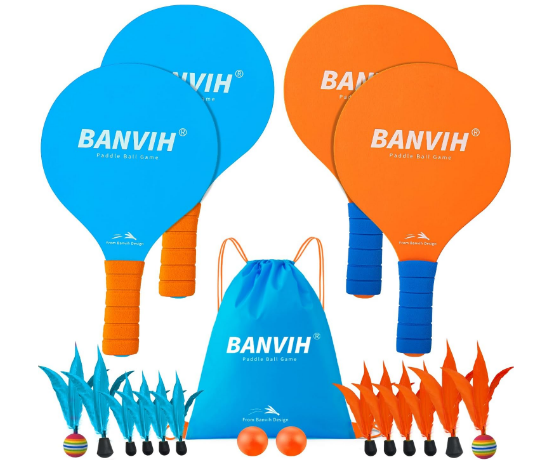 Banvih Badminton Set 4 Rackets, Paddle Ball Outdoor Games Activities Sports Toys, Perfect for Beach, Yard, Lawn, Camping, Great Gifts for Kids Teens Boys Adults and Family