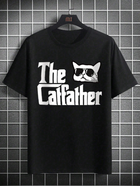 Men's Plus Size Cat & Letter Printed T-Shirt