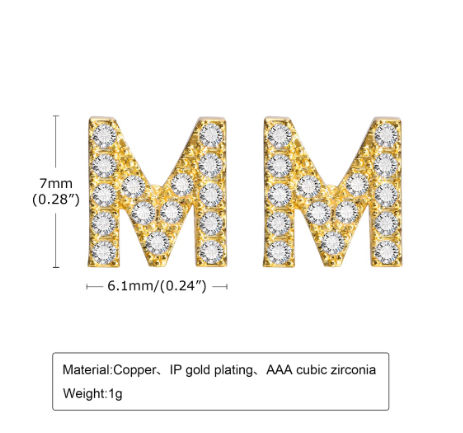Vnox Gold Zircon Cubic Letter Stud Earrings,Initial Alphabet Small Hypoallergenic Earring One Pair M