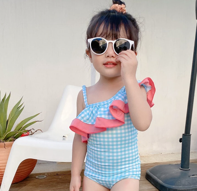 Children's Swimsuit Korean Version Summer Infant Plaid Printing Contrast Color Stitching Sling Jumpsuit Girl Baby Western Style Plus Swimming Cap