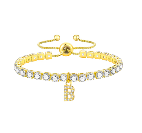 Vnox Cubic Zircon Letter Bracelet for Women Girl,18K Gold Handmade Initial Tennis Shiny Wedding Chain Link Jewelry Gift B