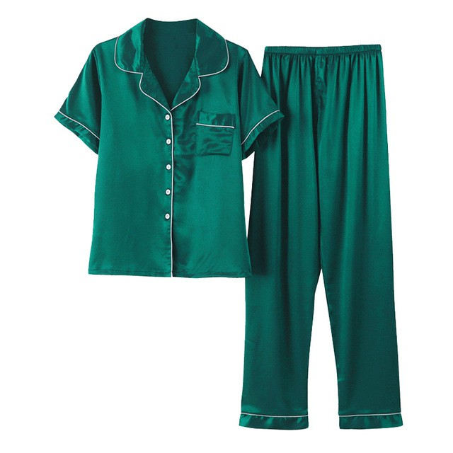 FallSweet Women Pajamas Sets Silk Solid Sleepwear Pyjamas Plus Size V Neck Nigtwear Sets (Green)