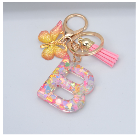 Exquisite 26 Letter Resin Keychain with Pink Tassel Gradient Butterfly Pendant Key Ring Women Bag Ornaments Accessories B