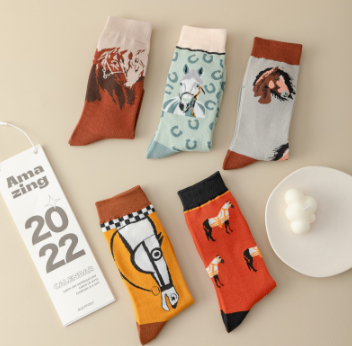 Men's and Women's Street Fashion Socks ins Harajuku Japan South Korea Skateboarding Horse Pattern Sports Mid length Socks