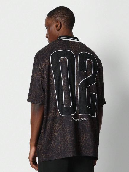 SUMWON Oversized Fit Football Tee With All Over Leopard And Number Graphic Print