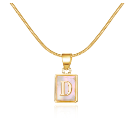 18K Gold 26 Letter Square Pearl Shell Pendant Snake Bone Chain Glow Necklace English Letter Pendant Necklace Gold Shiny D