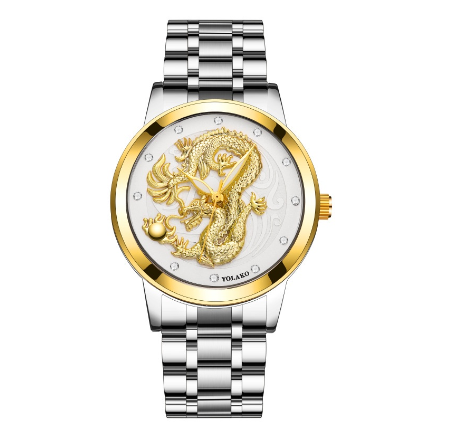 Fashion Men's Full Steel 3D Engraving Gold Dragon Quartz Waterproof Watch Men's Watch SILVER GOLD WHITE 2