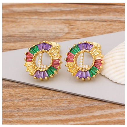Colorful Choice 26 Initial Letters Earrings Cute Alphabet Copper CZ A-Z Rainbow Stud Earrings Name Jewelry L