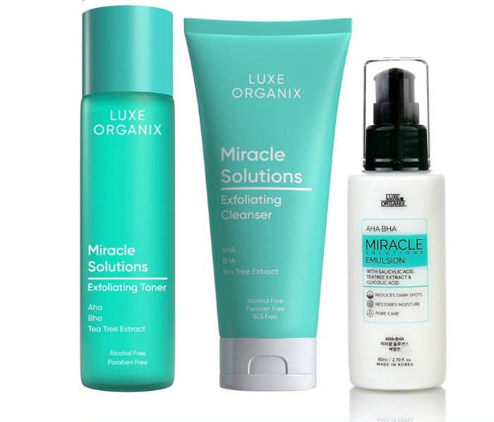 Luxe Organix Miracle Solutions Aha Bha Gel Cleanser 120mL & Emulsion 80mL & Pore Toner 150mL Bundle