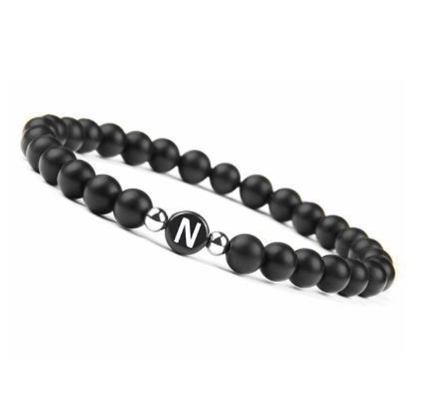 6mm Black Frosted Stone Beaded Bracelet Unisex 26 Initials Letters Name Bracelet With Elastic Rope For Couple Friendship Gifts N