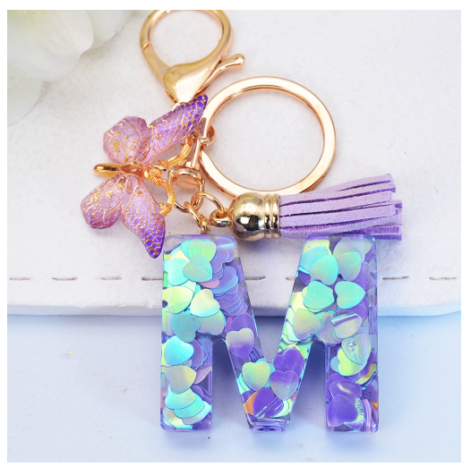 Sparkling 26 Letter Keychain With Butterfly Pendant Exquisite Heart Sequin Filled A-Z Initials Keyrings Bag Pendant Charms Gifts M