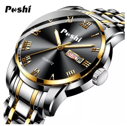 POSHI Men Watch Waterproof Steel Belt Dive Sports Quartz Original For Gold Dual Calendar Luminous 01