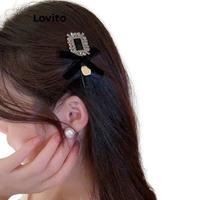 Lovito Women Elegant Geometric Rhinestone Bow Crystal Velvet Temperament Luxurious Hair Clips LFA09565