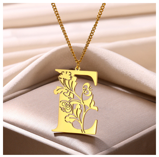 Beauty Flower A-Z Letter Necklaces for Women Men Stainless Steels Flower Initial Pendant Necklace E