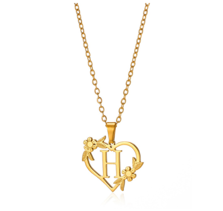 New Personalized Creative Gold Plated Stainless Steel Love Flower Hollow Heart A-Z Letter Necklace Initial Name Pendant Women's H