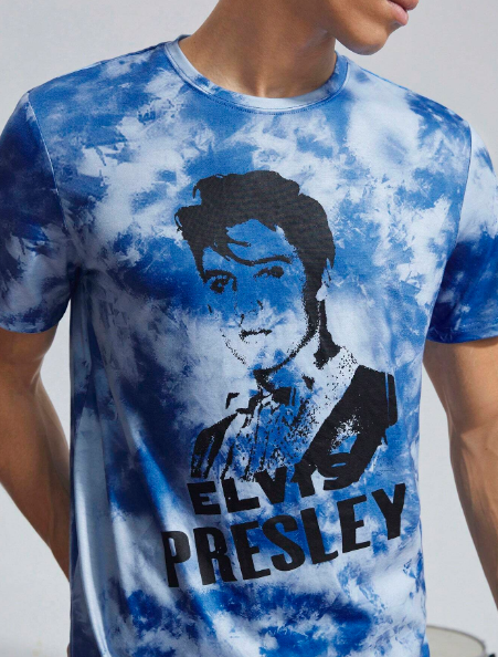 Elvis Presley X SHEIN Men's Classic Art Portrait Tie-Dye Cool Casual Short Sleeve T-Shirt, Summer