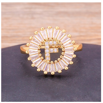 Initial 26 Alphabet Adjustable Size Gold Color Zircon A-Z Letter Ring Statement Name Jewelry F