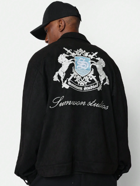 SUMWON Suedette Oversized Shirt With Front Pocket Label & Back Embroidery Print