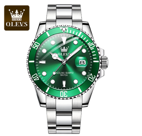 Olevs Watch For Men Waterproof Silver Green Relo With Box Luxury Business Luminous Stainless Steel Wrist Watches GREEN DIAL SILVER STRAP