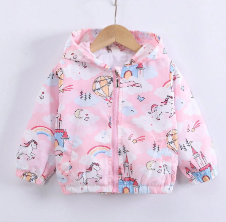 1pc Girl's Pony & Rainbow Print Zip Pocket Hooded Windbreaker Jacket