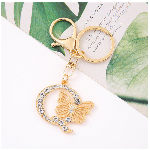 1Pcs Fashion Hollow Butterfly 26 Letter Keychains Luxury Rhinestone A-Z Initials Metal Keyrings Car Key Holder Bag Accessories O